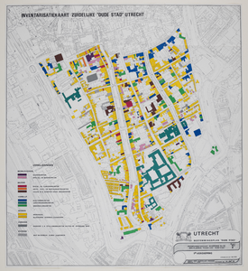 217130 Plattegrond van de zuidelijke binnenstad van Utrecht, met aanduiding in kleuren de diverse bestemmingen ...